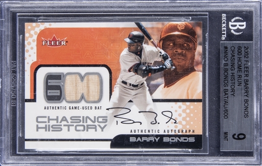 2002 Fleer Barry Bonds 600 Home Run Chasing History #NNO Bat Chip Signed Card (549/600) - BGS MINT 9